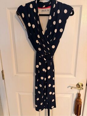 Eliza J Navy Dress with White Polka Dots and Pink Trim